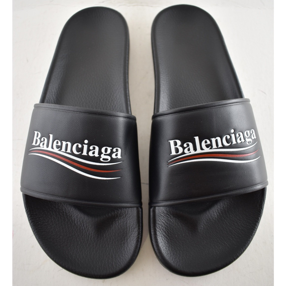 Balenciaga Black Leather Campaign Logo Slide Pool Sandal Flip Flop Flat 44 11 - Picture 6 of 15